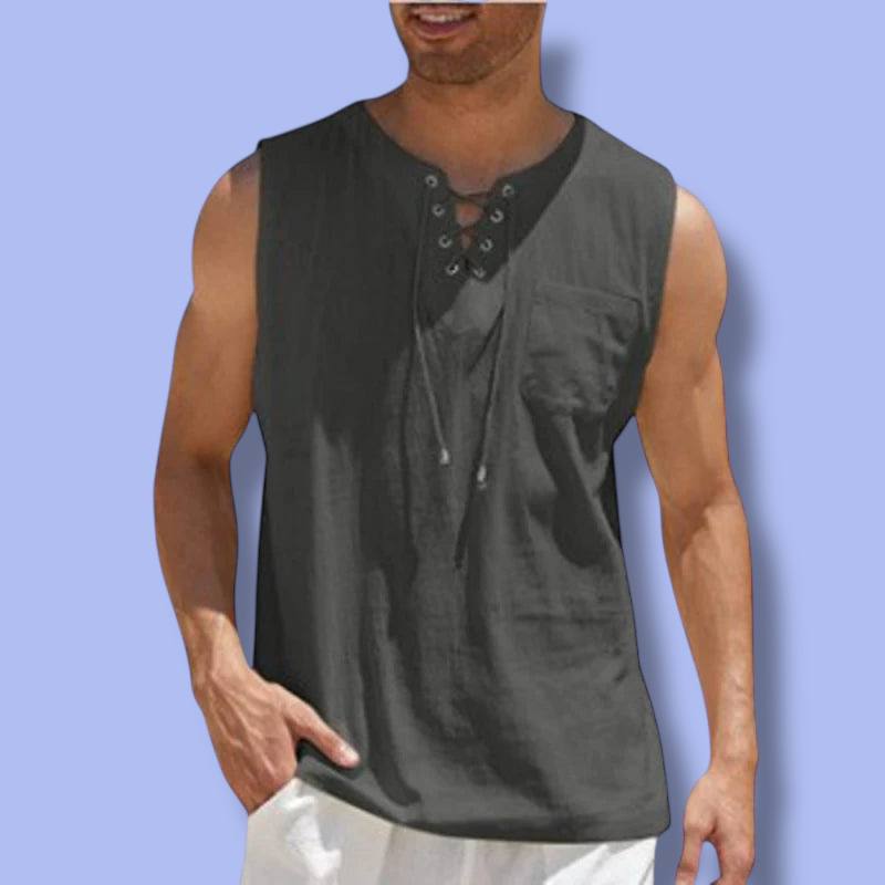 Men’s Sleeveless Cotton Linen Lace-Up Vest