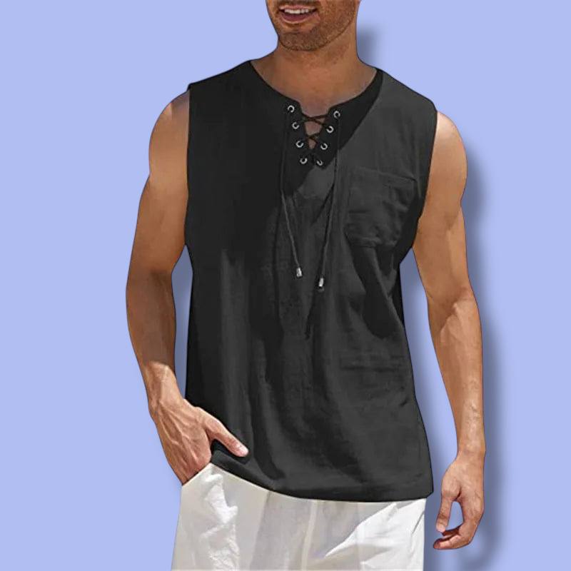 Men’s Sleeveless Cotton Linen Lace-Up Vest