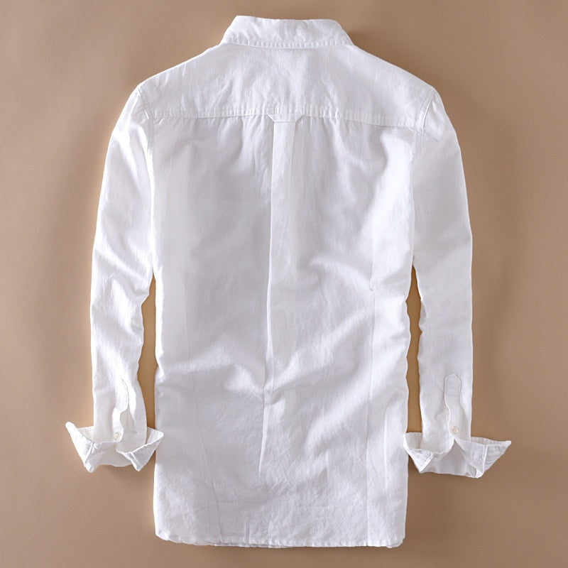 Men's Long-sleeved Turn-down Collar Cotton and Linen Shirt