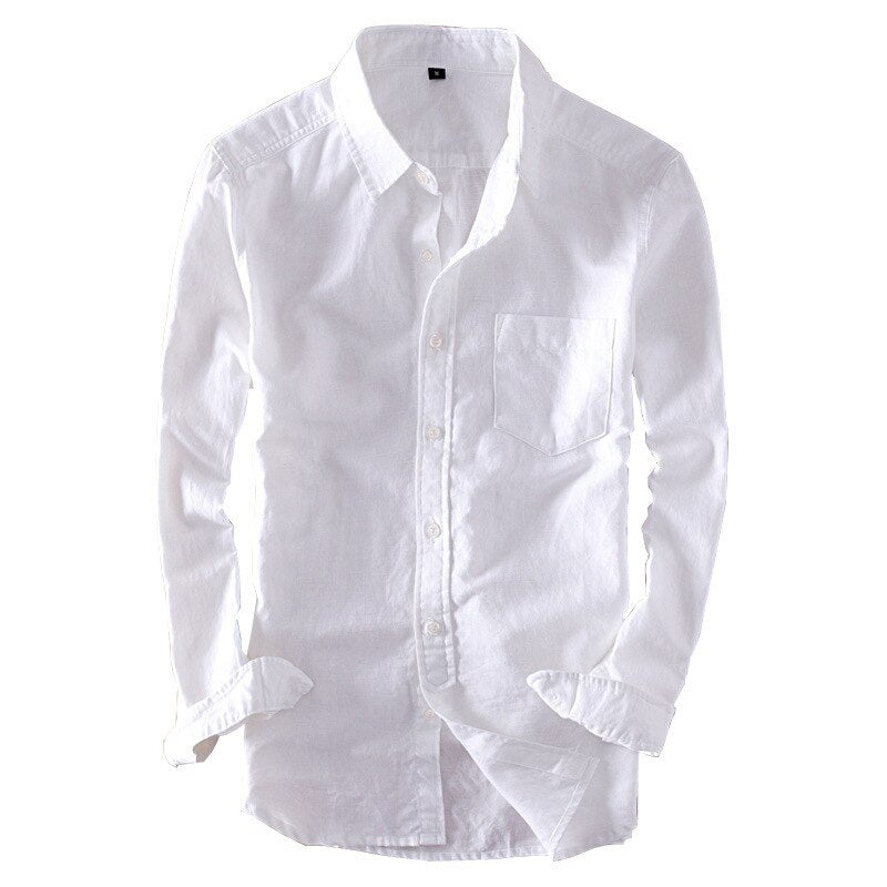 Men's Long-sleeved Turn-down Collar Cotton and Linen Shirt