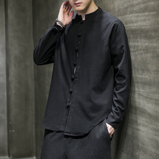 Men's Long Sleeve Linen Shirt with Stand-up Collar