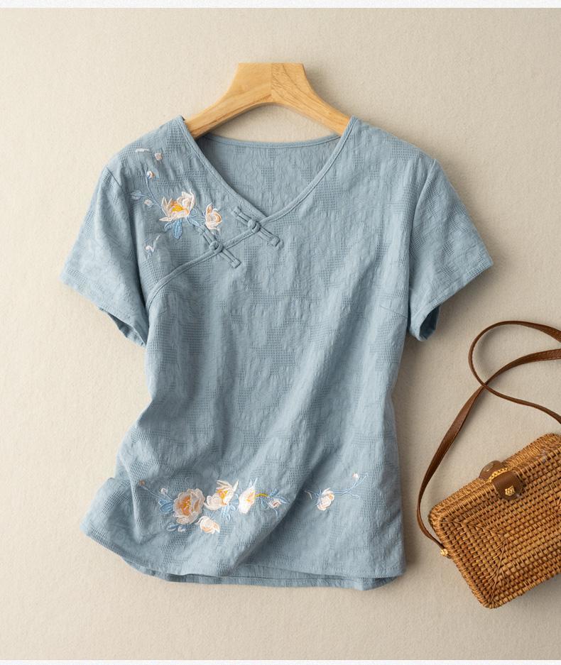 Women's V-Neck Short Sleeve Buttoned Cotton Linen Shirt with Embroidery