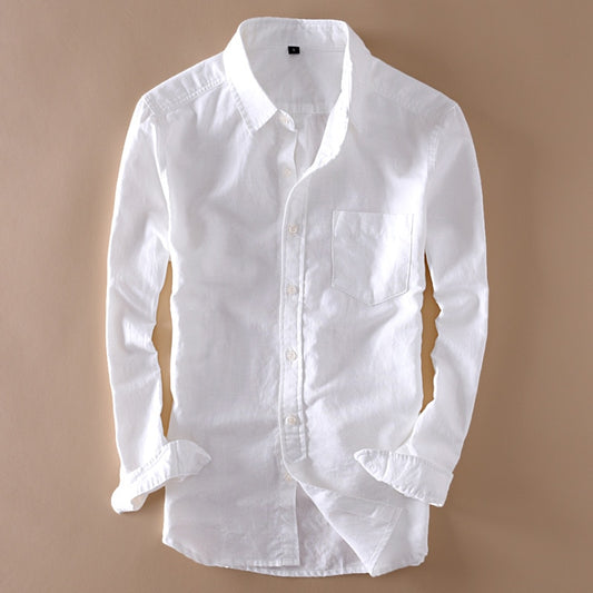 Men's Long-sleeved Turn-down Collar Cotton and Linen Shirt