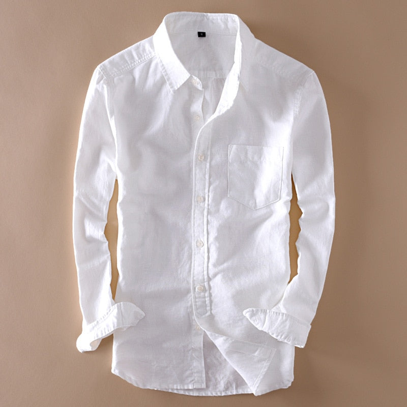 Men's Long-sleeved Turn-down Collar Cotton and Linen Shirt