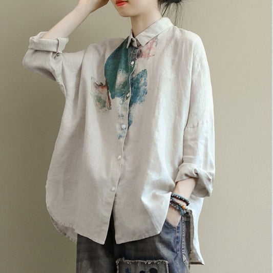 Women Long Sleeve Loose Vintage Print Cotton Linen Shirts