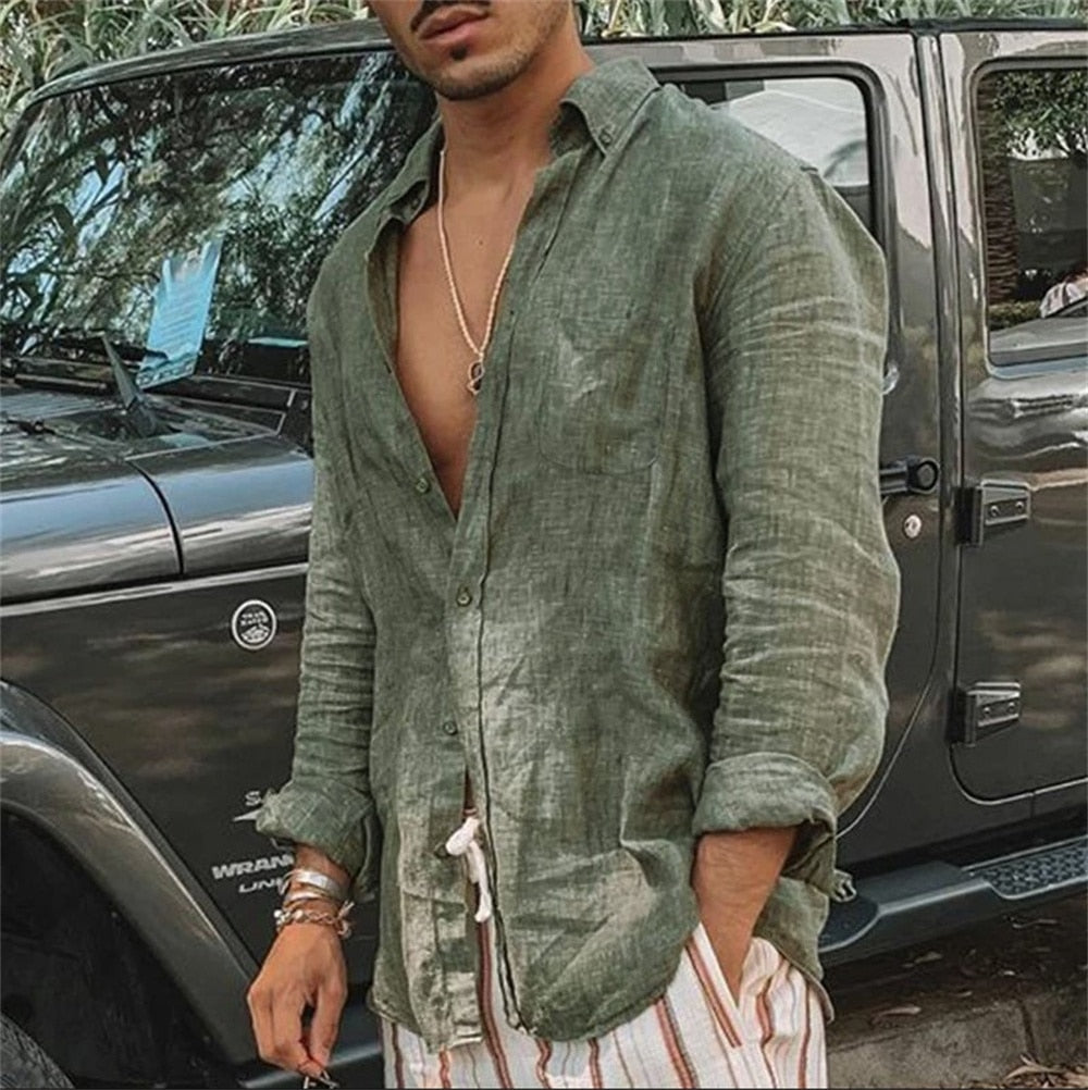 Men's Standing Collar Long Sleeves Cotton Linen Shirt