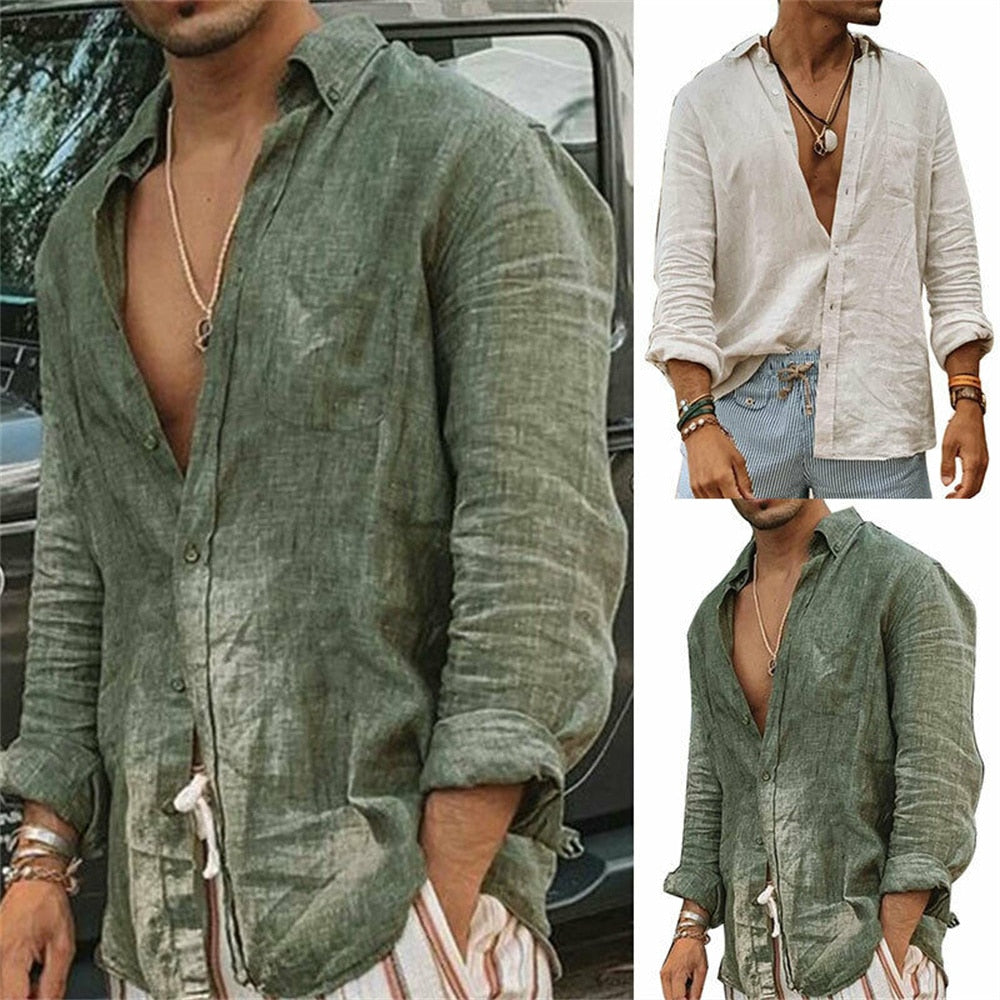 Men's Standing Collar Long Sleeves Cotton Linen Shirt