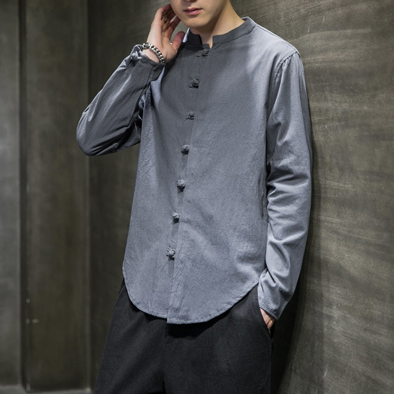 Men's Long Sleeve Linen Shirt with Stand-up Collar