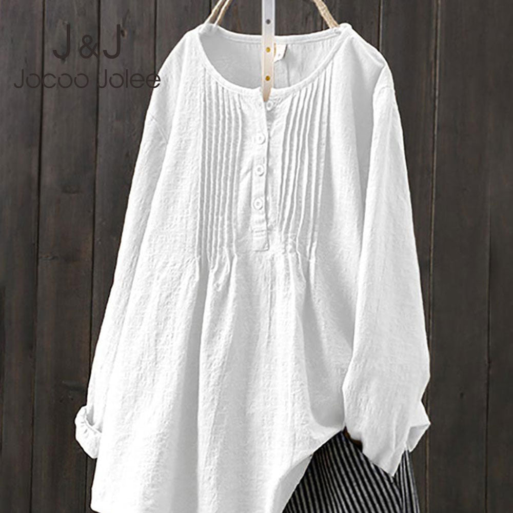 Women's Long Sleeve O Neck Loose Cotton and Linen Blouse