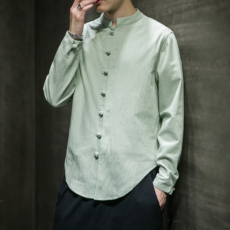 Men's Long Sleeve Linen Shirt with Stand-up Collar