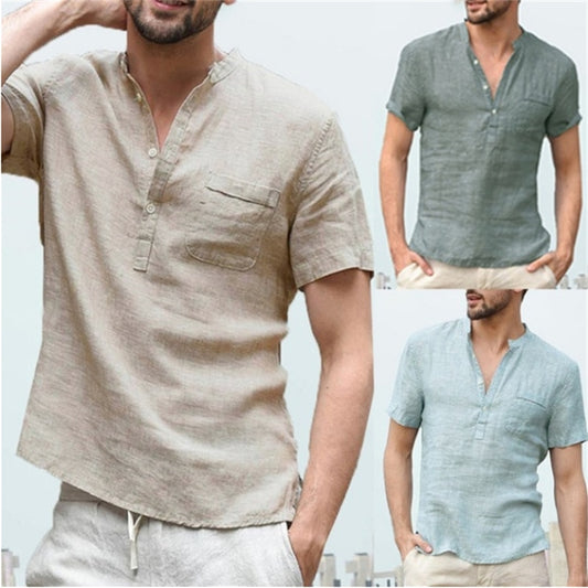 Men's Short V-neck single Cotton Linen Breathable Shirt