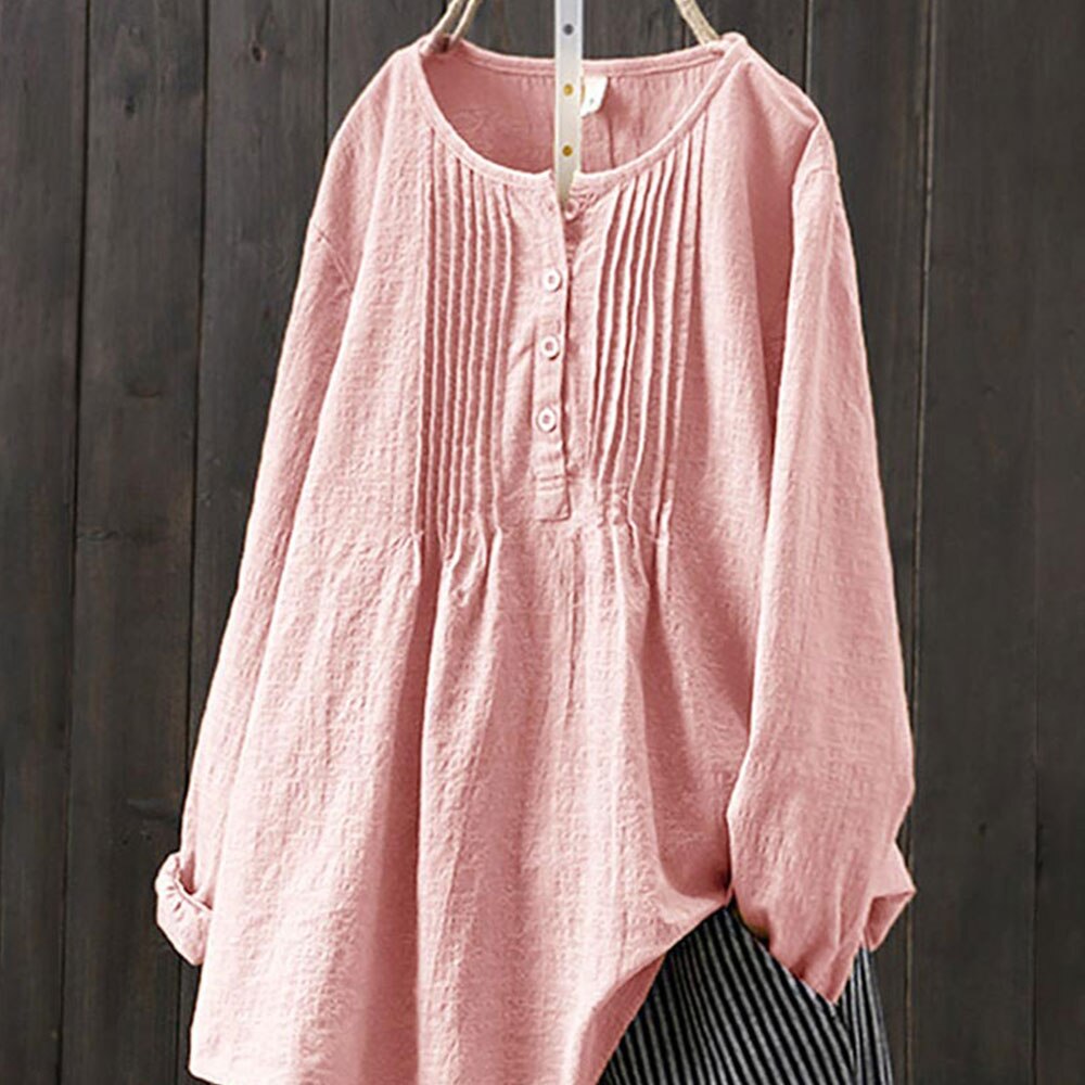 Women's Long Sleeve O Neck Loose Cotton and Linen Blouse