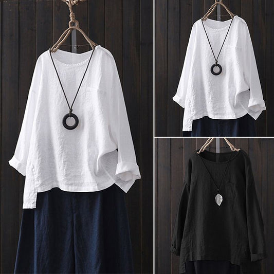 Women's Long Sleeve O Neck Cotton Linen Blouse