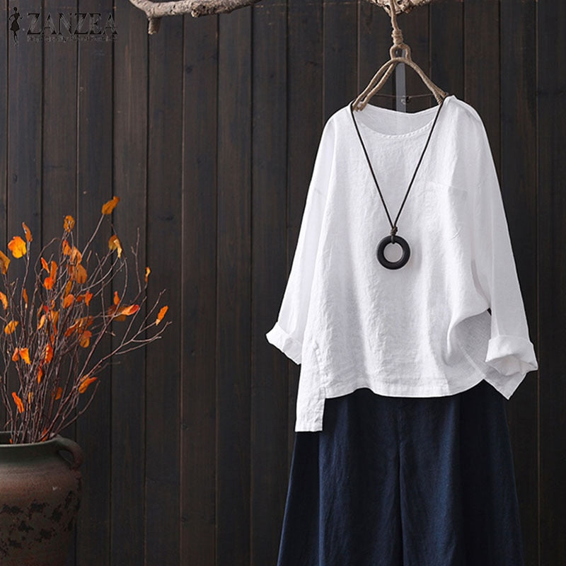 Women's Long Sleeve O Neck Cotton Linen Blouse