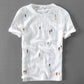 Men's Short Sleeve Round Neck Embroidery Stitching Linen Shirt