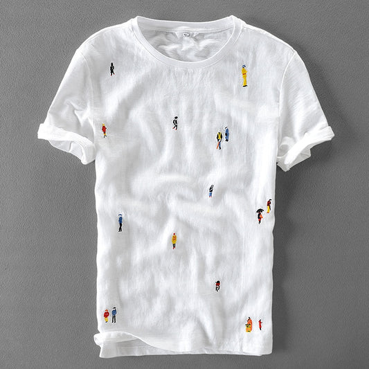Men's Short Sleeve Round Neck Embroidery Stitching Linen Shirt