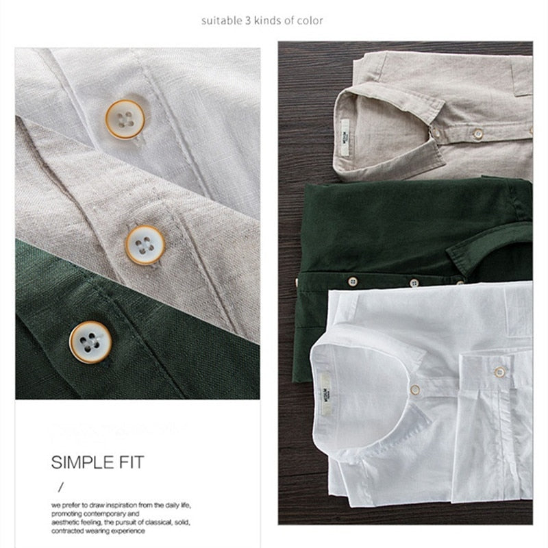 Men's Long-sleeved Top - Cotton and Linen Shirts