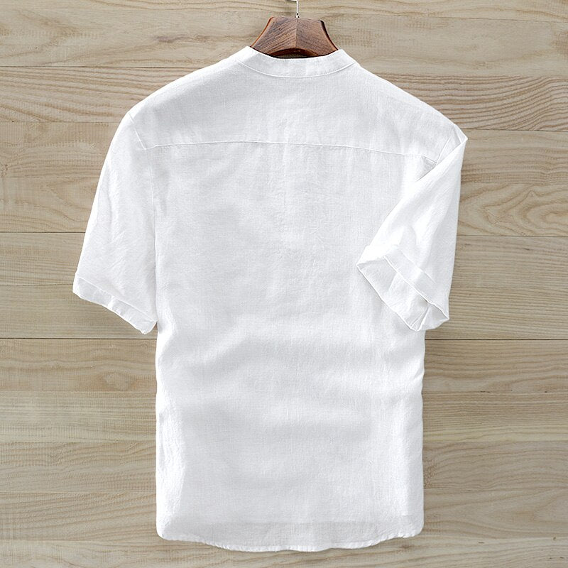 Men Short-Sleeved Stand Collar Linen Shirt