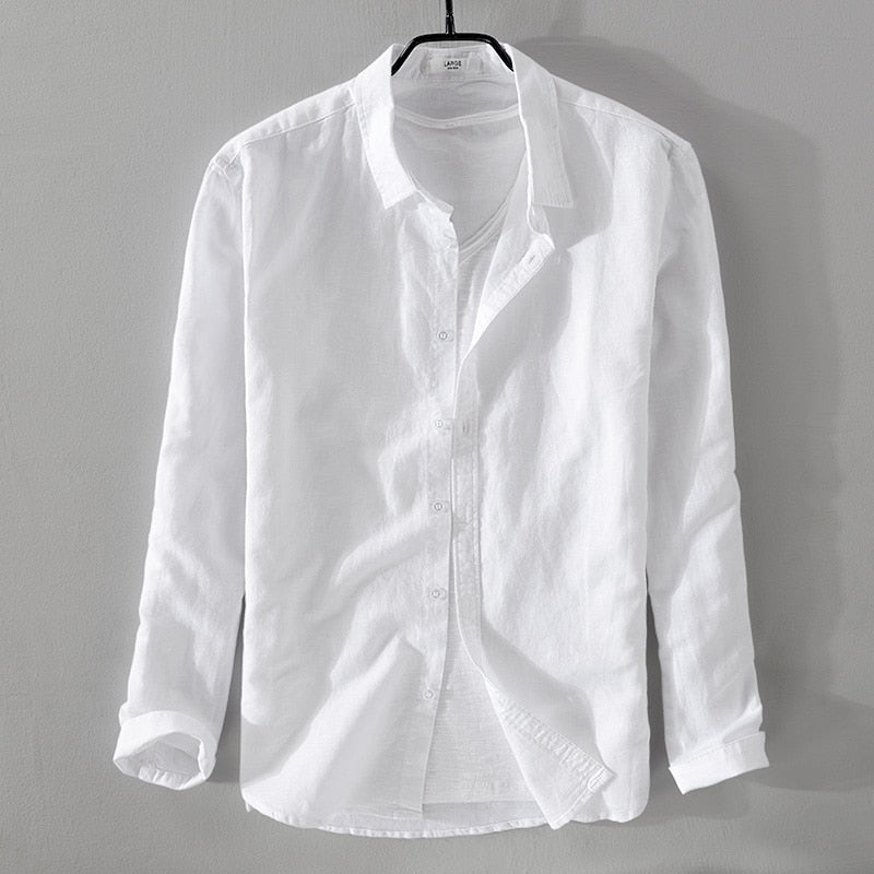 Men Long-Sleeved Square Collar Cotton Linen Shirt