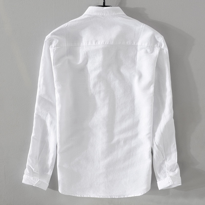 Men Long-Sleeved Square Collar Cotton Linen Shirt