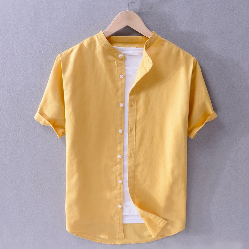 Men's Solid Stand Collar Linen and Cotton Casual Shirt