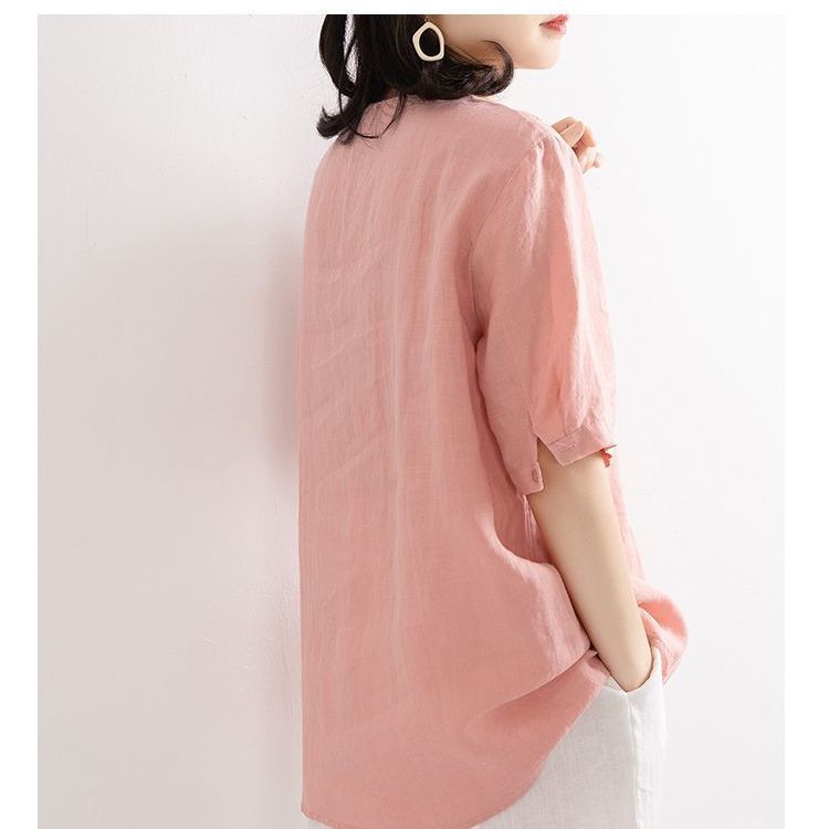 Women's Short Sleeve V Neck Embroidery Cotton Linen Shirt
