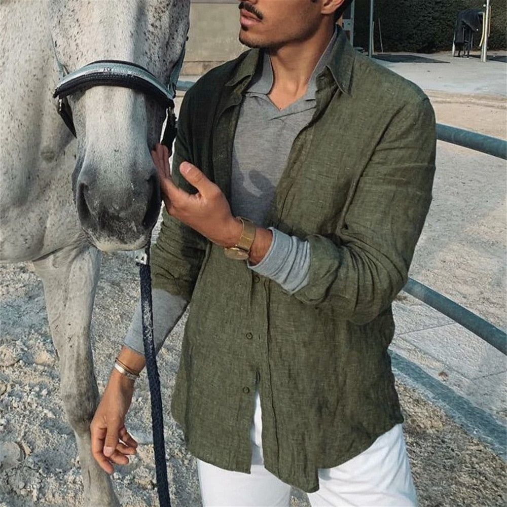 Men's Standing Collar Long Sleeves Cotton Linen Shirt