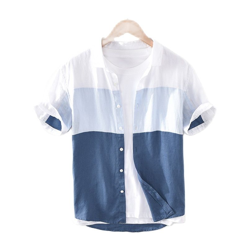 Men's Short Sleeve Gradient Patchwork Linen Shirt
