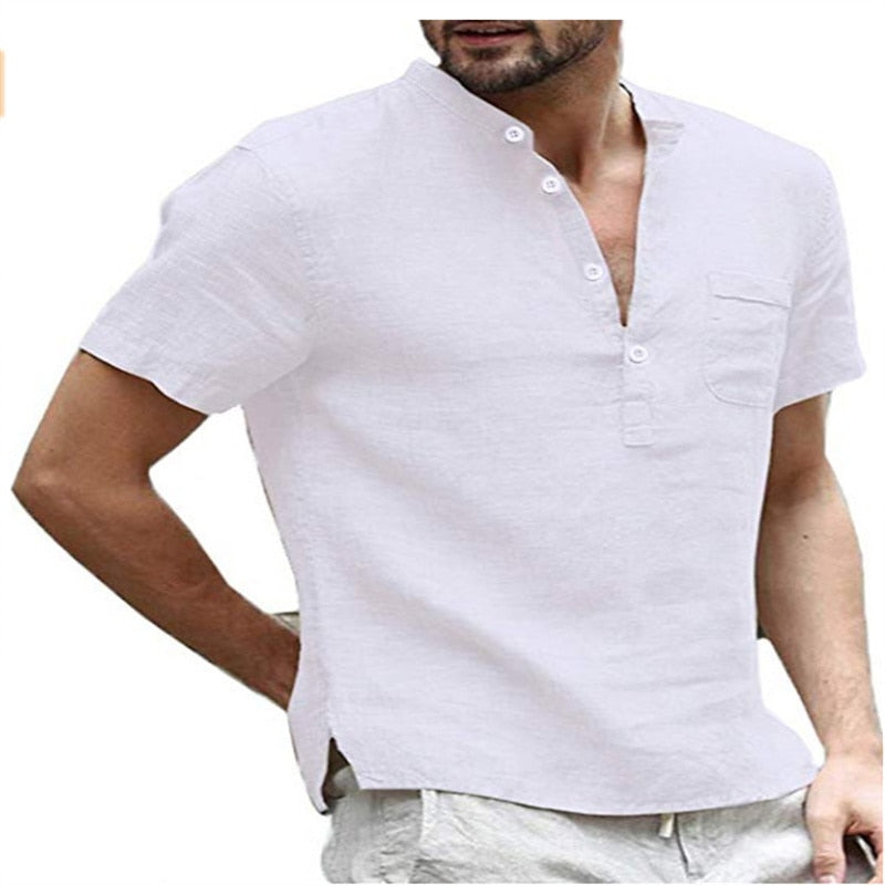 Men's Short V-neck single Cotton Linen Breathable Shirt