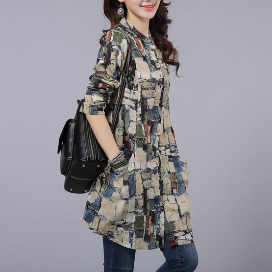 Women Long Sleeve Vintage Cotton Linen Plaid Shirt