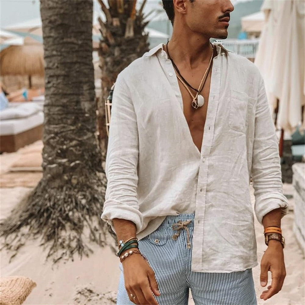 Men's Standing Collar Long Sleeves Cotton Linen Shirt