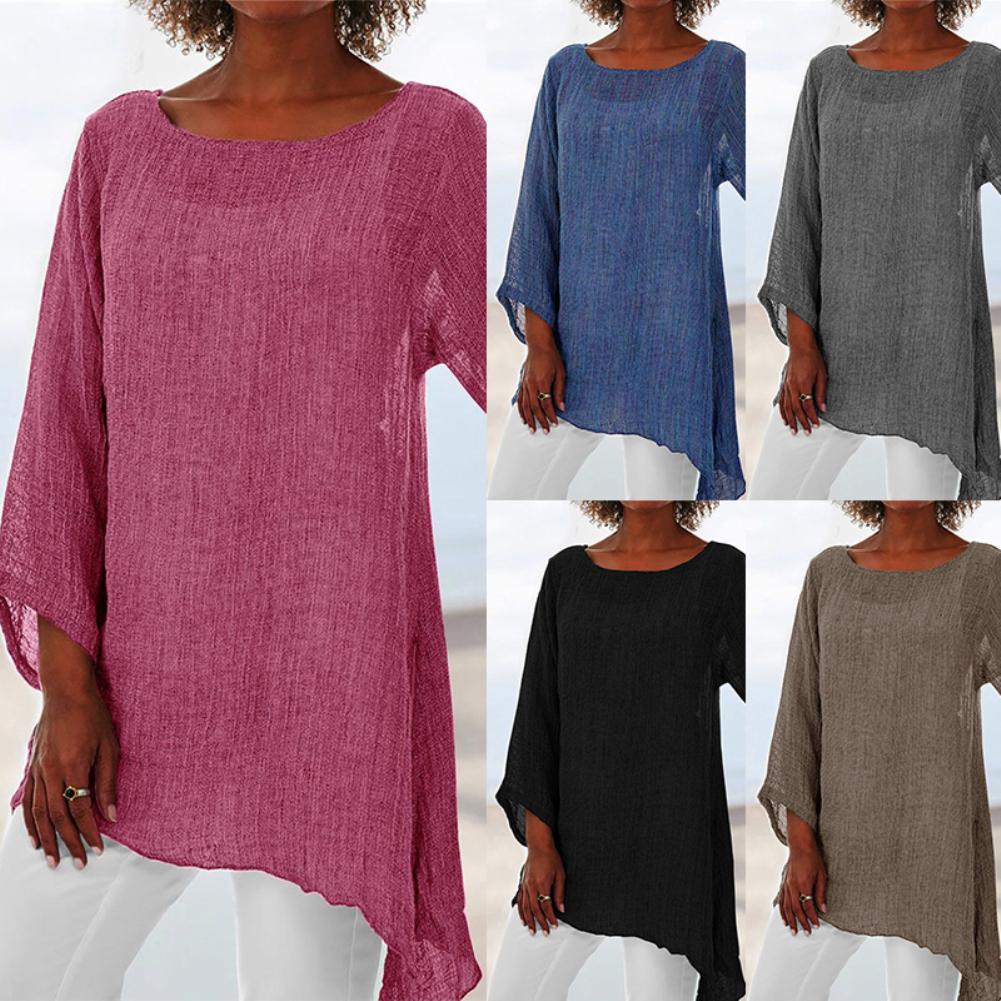 Women's  Long Sleeve O-Neck Cotton Linen Shirts