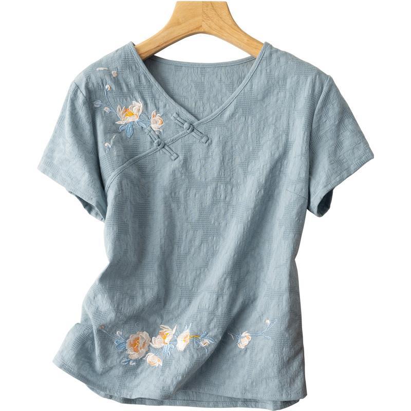 Women's V-Neck Short Sleeve Buttoned Cotton Linen Shirt with Embroidery