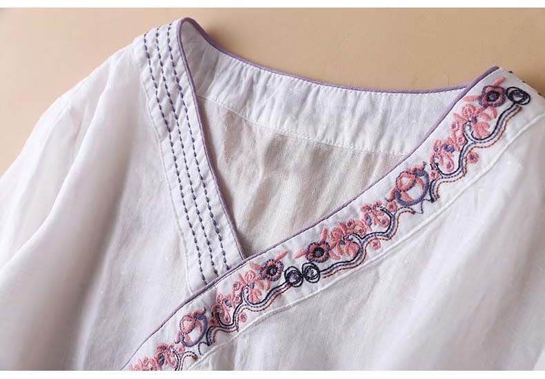 Women's 3/4 Sleeve Embroidered V-Neck Cotton Linen Blouse