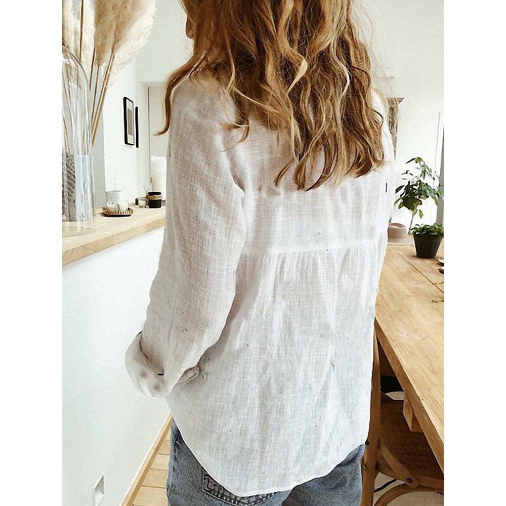 Women's Long Sleeve White Blue Cotton Linen Shirt