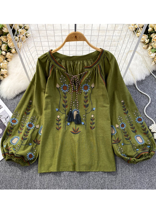 Women's Round Neck Loose Embroidered Cotton Linen Blouse