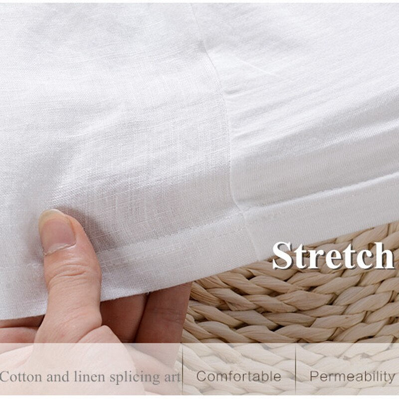 Men's Short Sleeve Round Neck Embroidery Stitching Linen Shirt