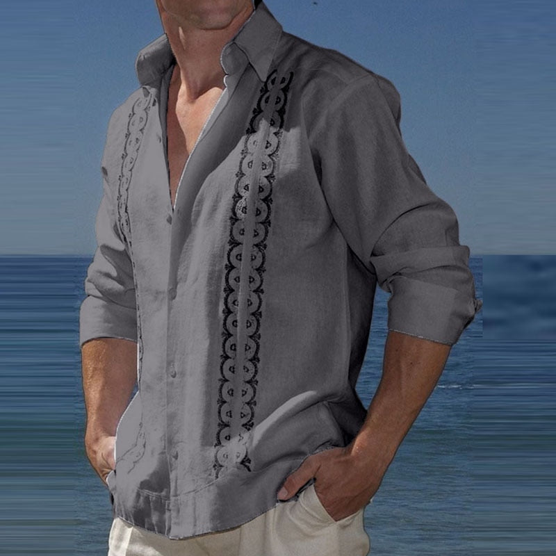 Men's Printed Cotton Linen Shirt with Button Turn-down Collar