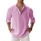 Men's Casual Linen Henley Collar Long Sleeve Button-Down Shirt