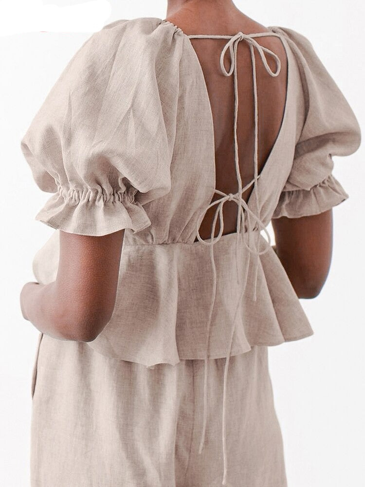 Women's Puff Sleeve Deep V-Neck COTTON Linen Shirt