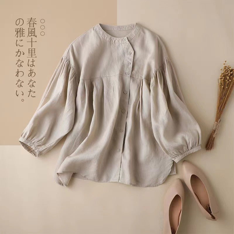 Women's Lantern Sleeve O-Neck Cotton Linen Blouse