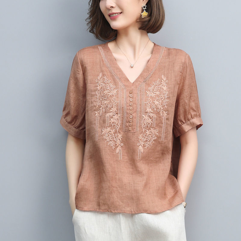 Women's Short Sleeve Embroidered Cotton Linen Shirt