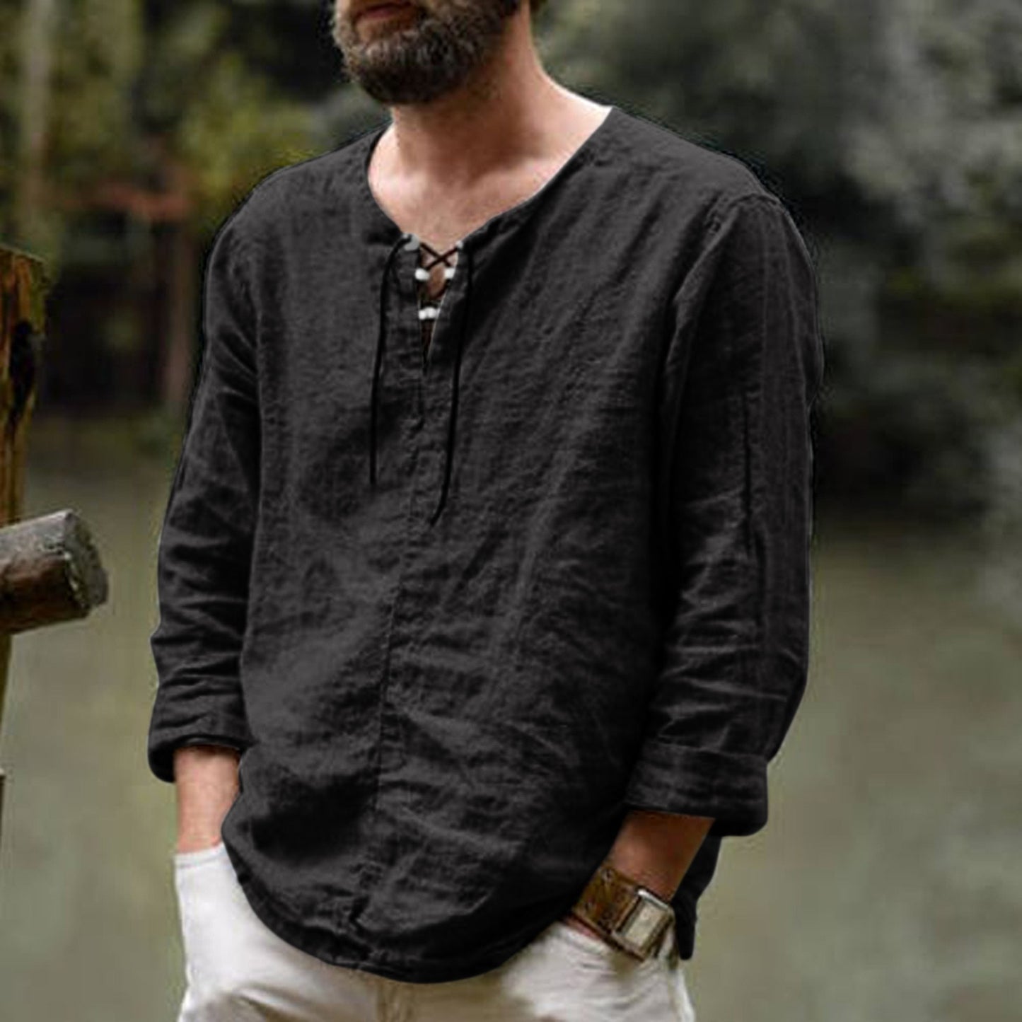 Men's Long Sleeve V-neck Linen Cotton T-shirt