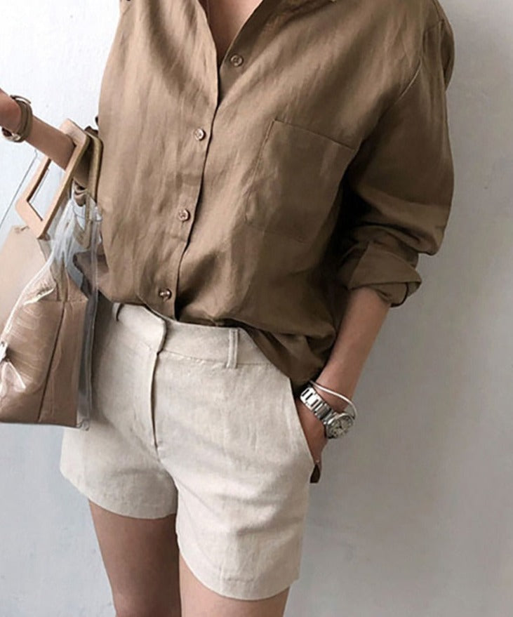 Women's Long Sleeve Cotton Linen Top Tunics Shirt