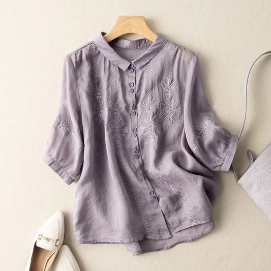 Women Tops Button Up Embroidery Cotton Linen Blouse