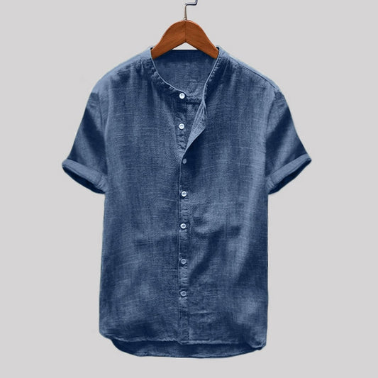 Men's Short Sleeve Button Tee Tops Cotton Linen Shirt