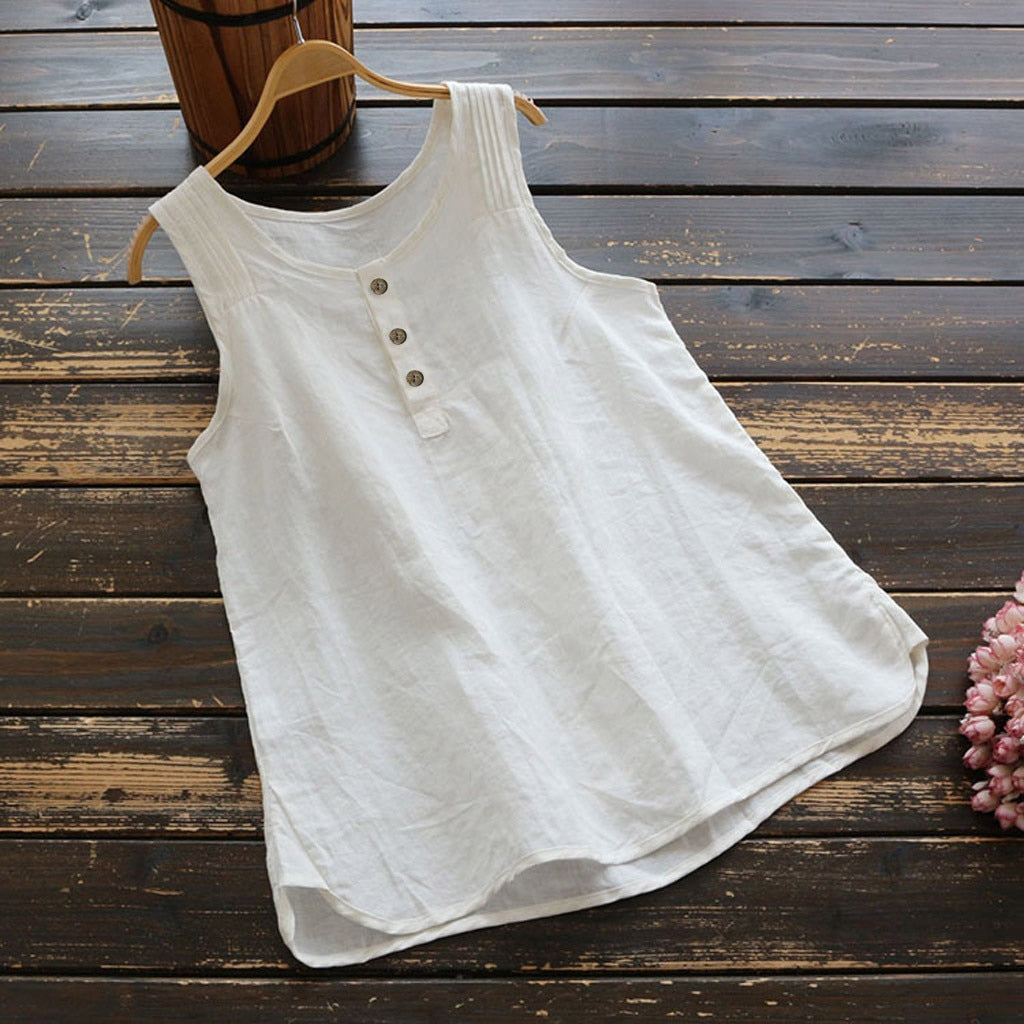 Women's Sleeveless Button O Neck Cotton Linen Blouse