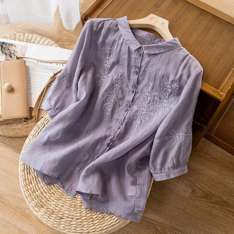 Women Tops Button Up Embroidery Cotton Linen Blouse
