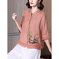 Women's Ruffle Sleeve Buttoned Embroidery Cotton Linen Blouse
