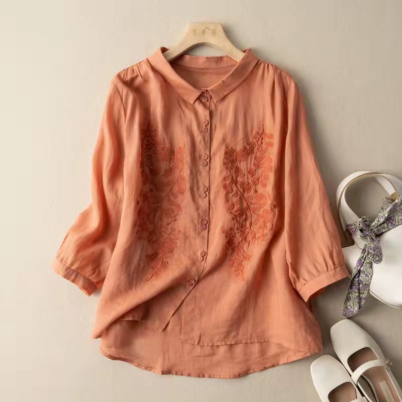 Women's Vintage Floral Embroidery Cotton Linen Casual Shirt